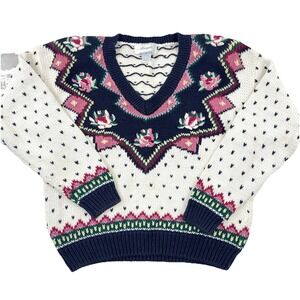 Vintage Margules Sweater Women Medium Nordic Birdseye Cricket Deep V Neck Boho